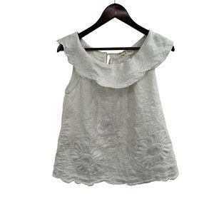 Anthropologie Meadow Rue Passiflora White Linen Top Sleeveless Ruffle SIZE 8